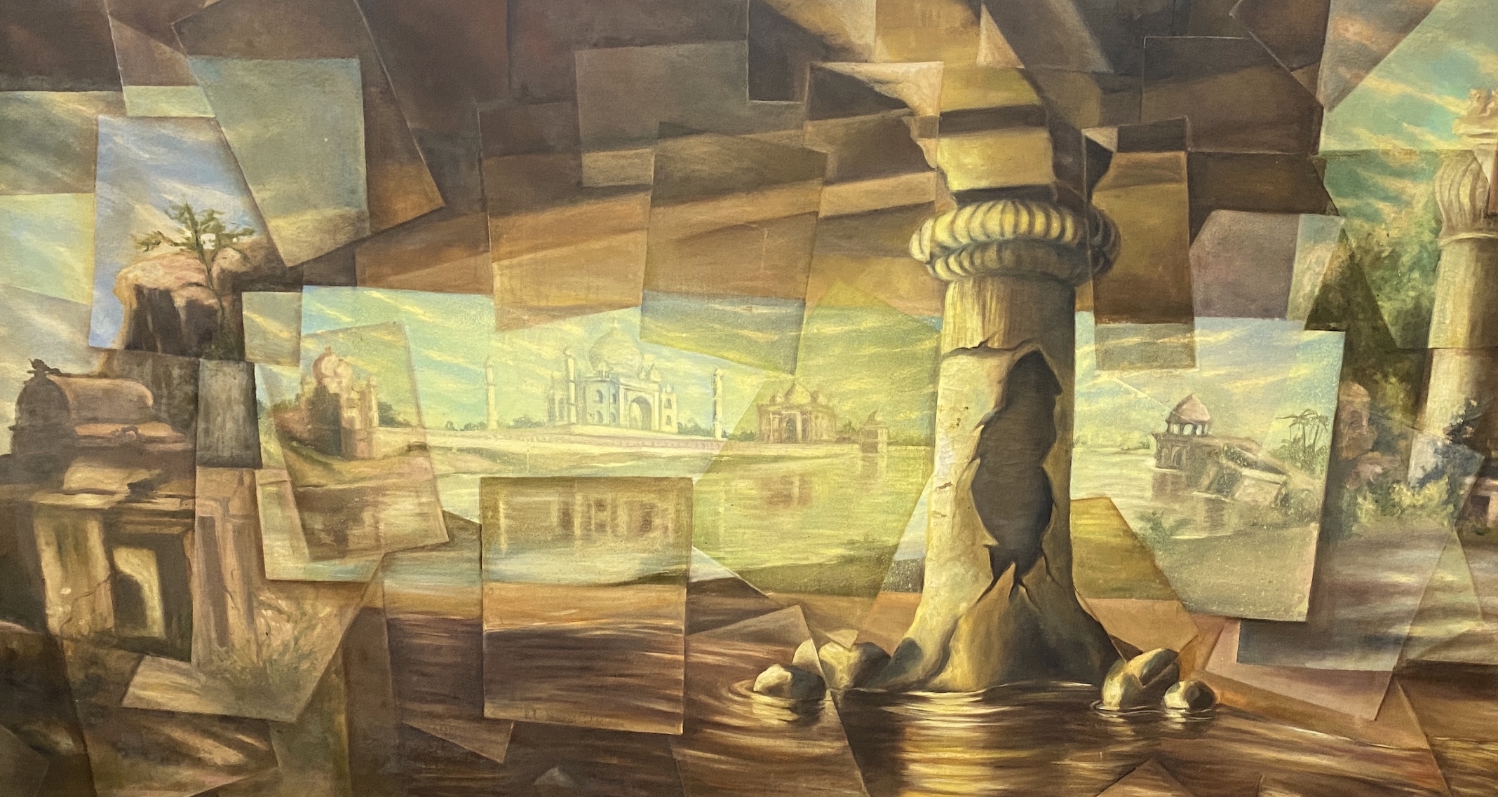 20th century Indian School, oil on canvas, Classical ruins and buildings, 210 x 119cm
